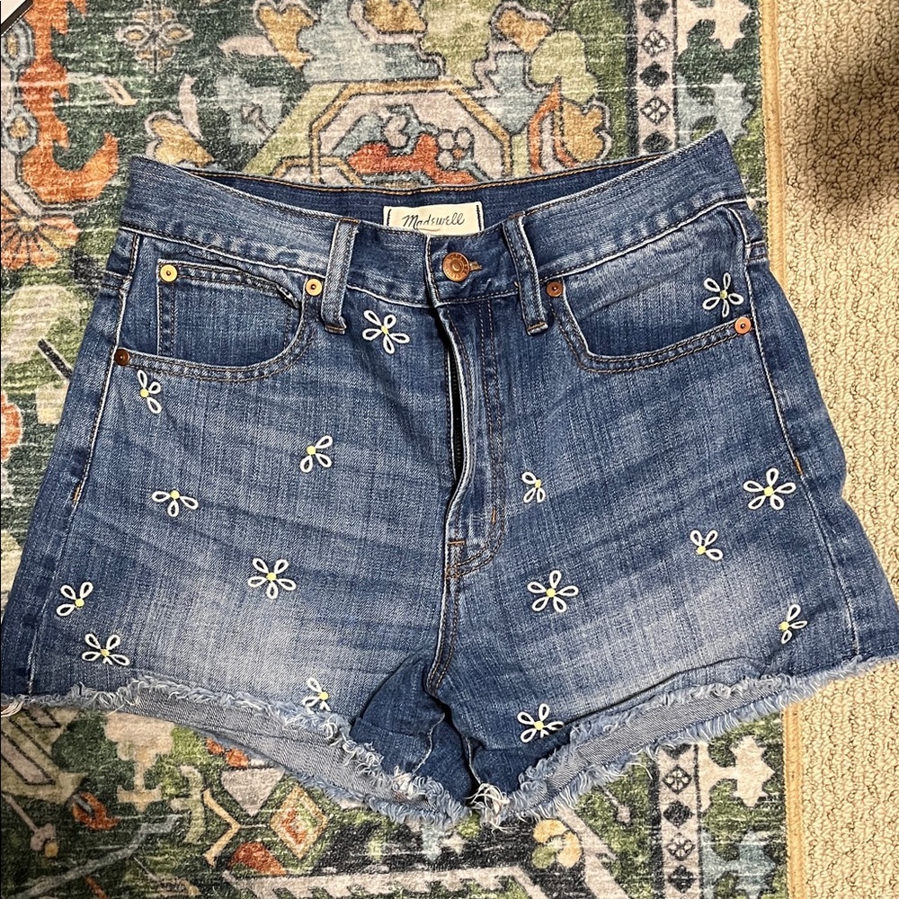 Madewell Blue Denim Shorts with White Floral Embroidery